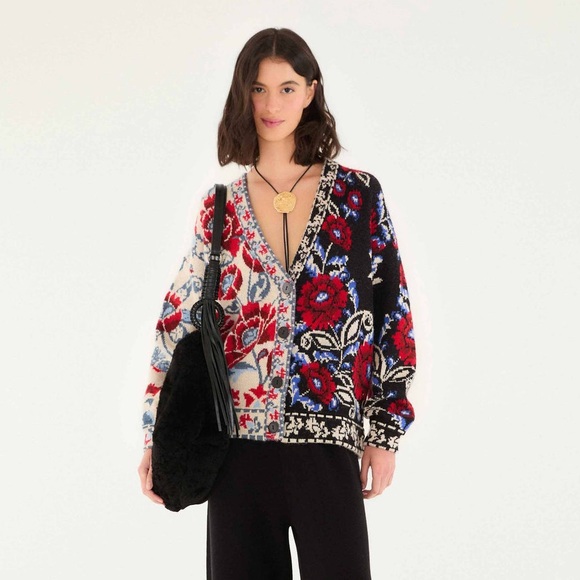 FARM Rio Jackets & Blazers - Farm Rio: Black Mixed Valentina V Neck Knit Cardigan